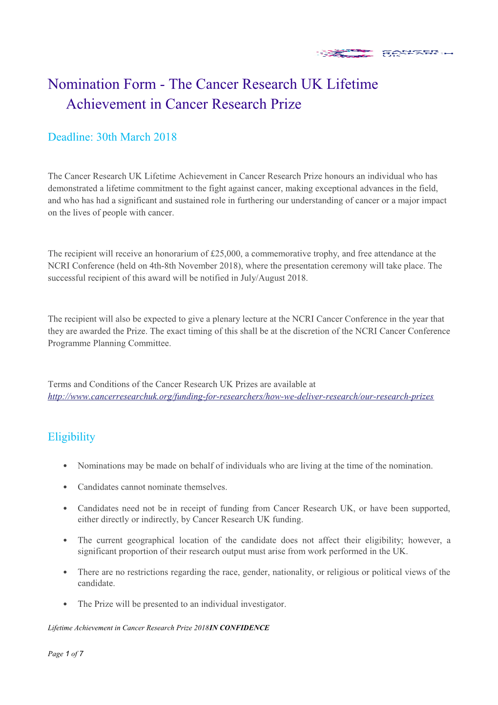 Cancer Research UK Future Leaders Prize Application Form