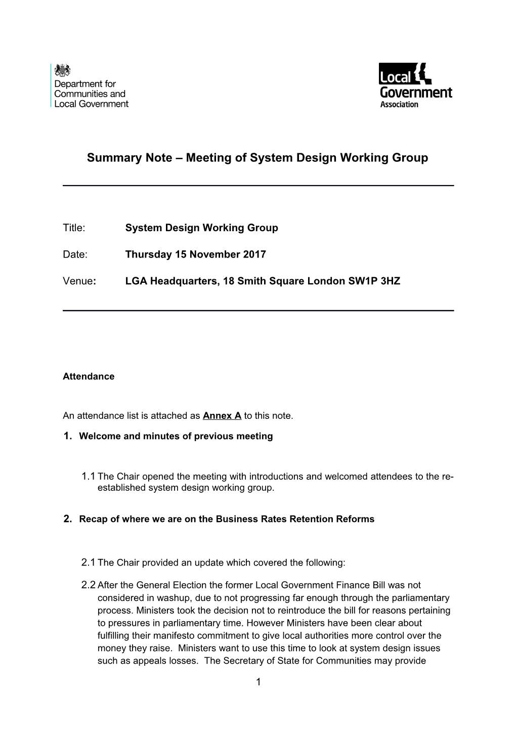 Summary Note Meeting of System Designworking Group