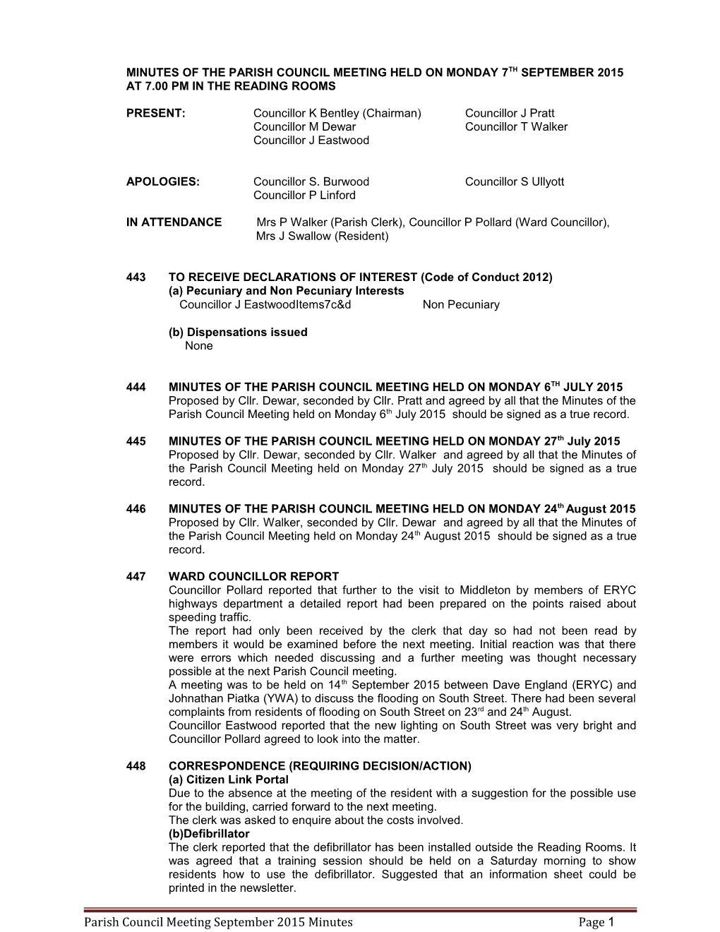 Minutes of the Parish Council Meeting Held on Monday 7Th September 2015