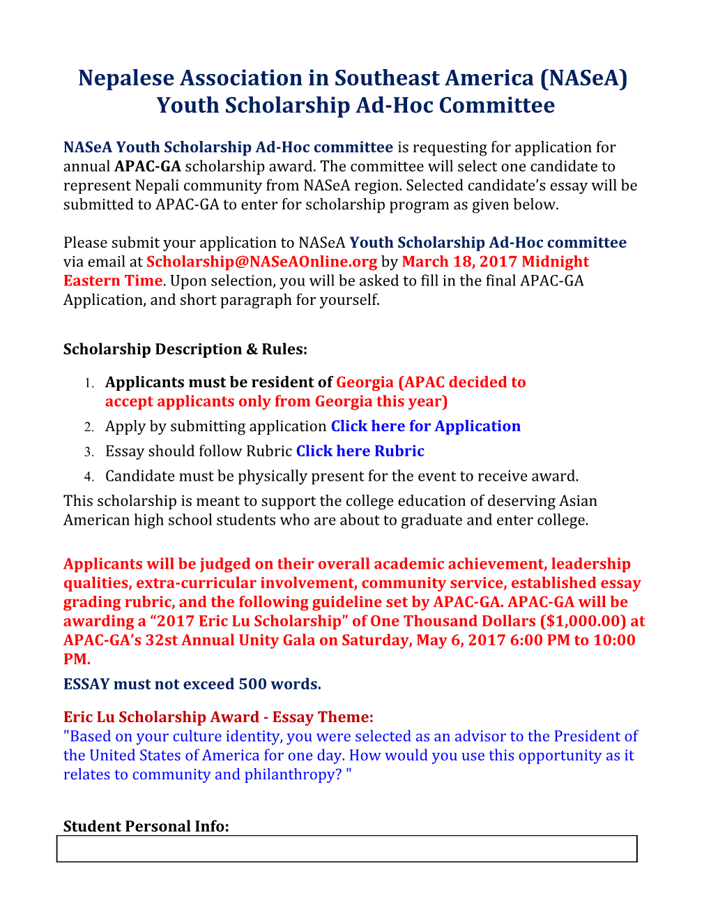 Nepalese Association in Southeast America (Nasea) Youth Scholarship Ad-Hoc Committee