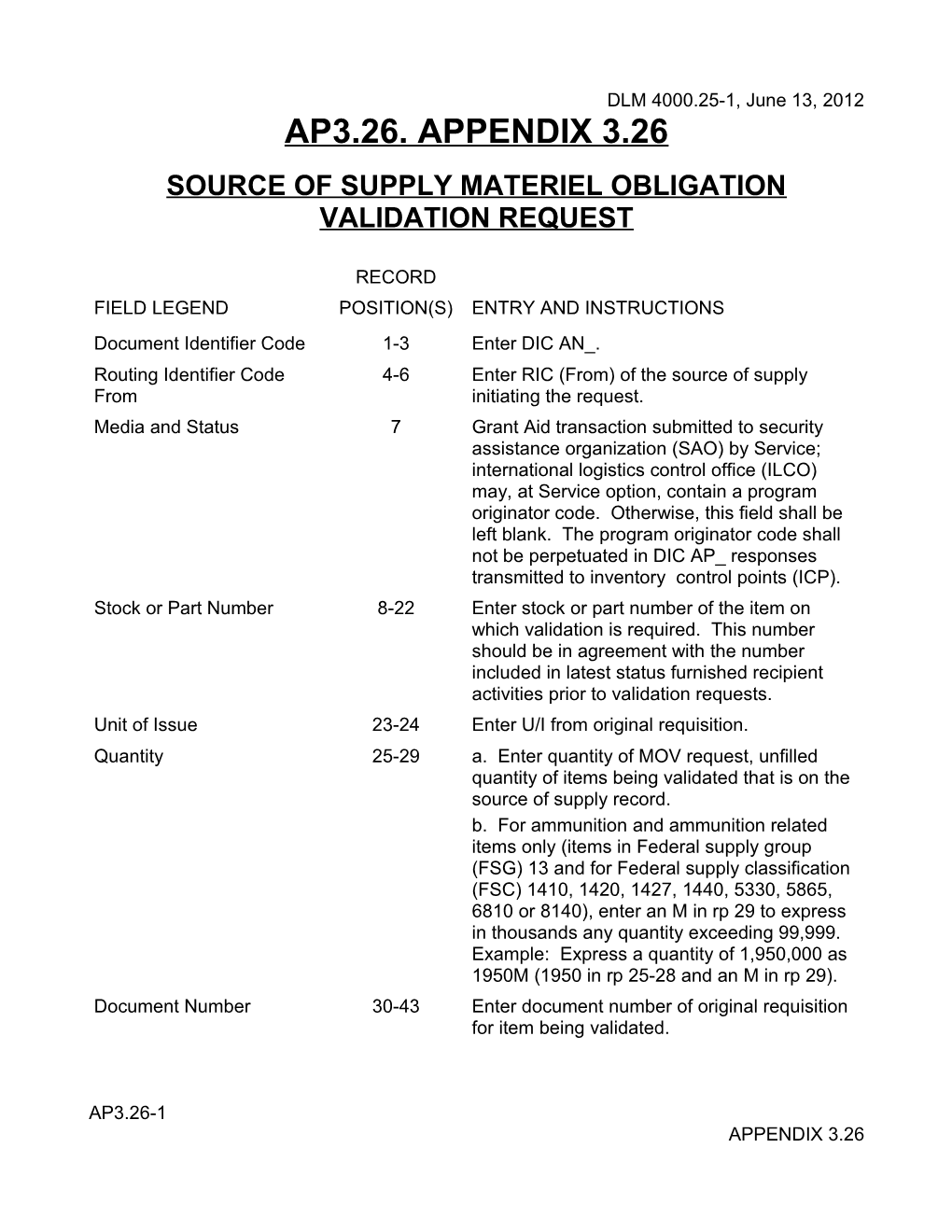 Appendix 3.26 - Source of Supply Materiel Obligation Validation Request