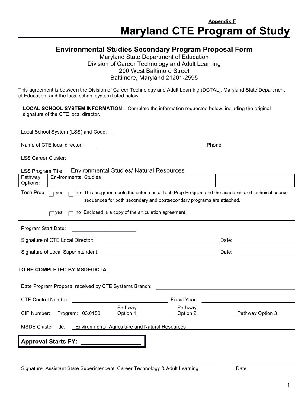 Environmental Studies Secondary Program Proposal Form