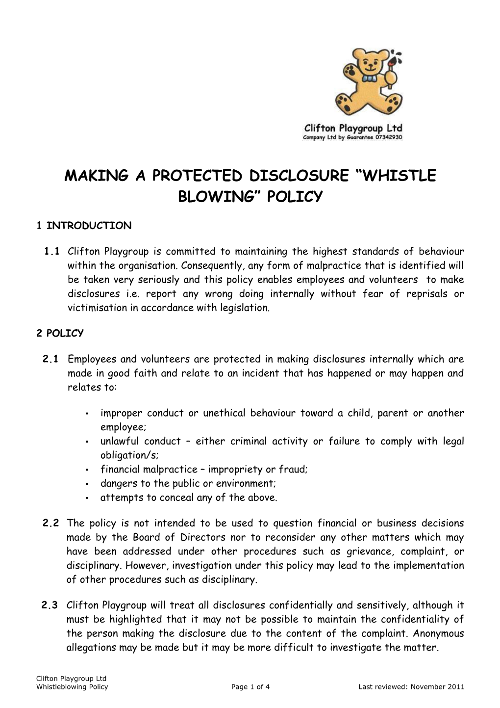 Making a Protected Disclosure Whistle Blowing Policy