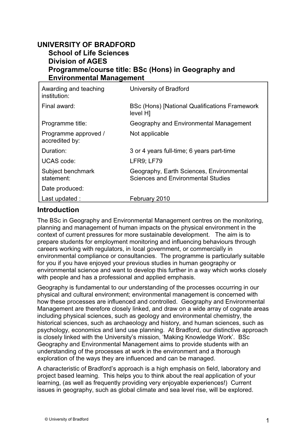 UNIVERSITY of Bradfordschool of Life Sciencesdivision of Agesprogramme/Course Title: Bsc