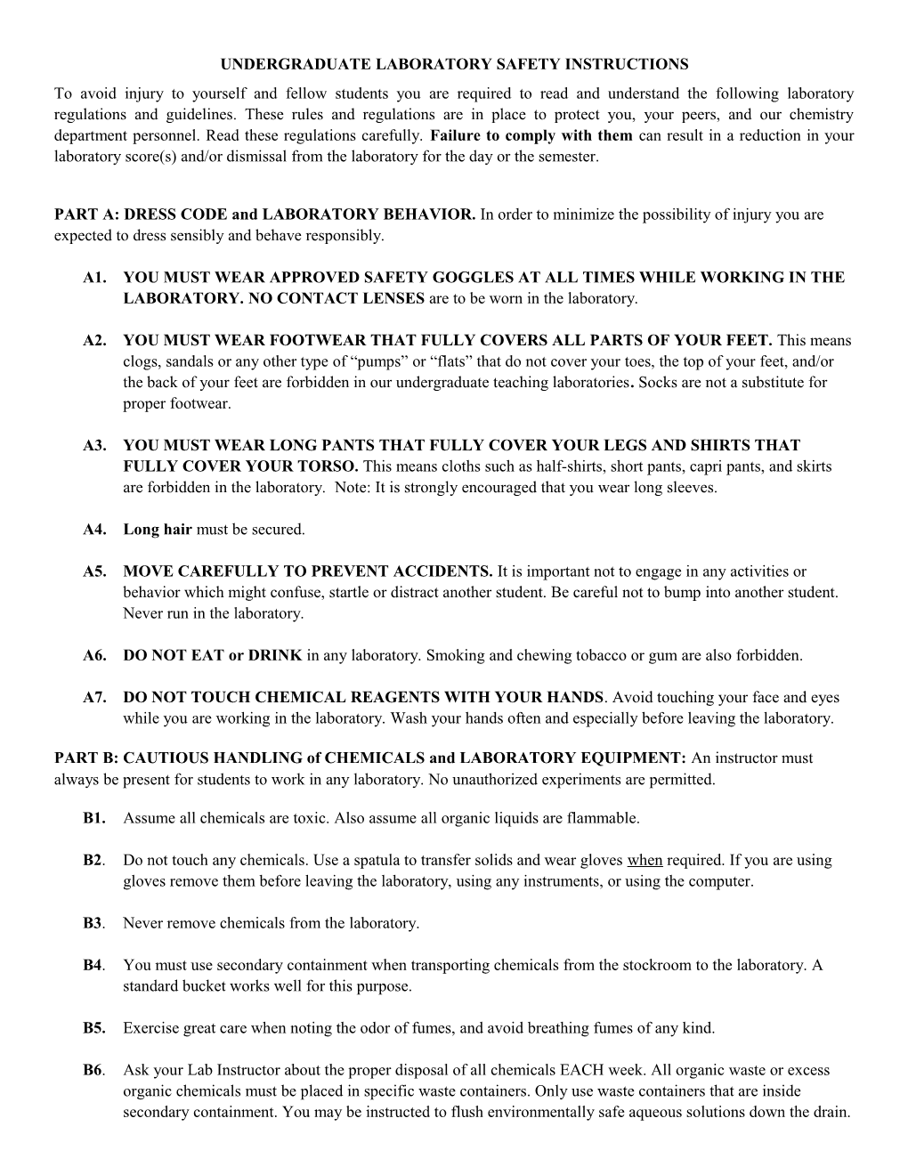 Undergraduate Laboratory Safety Instructions