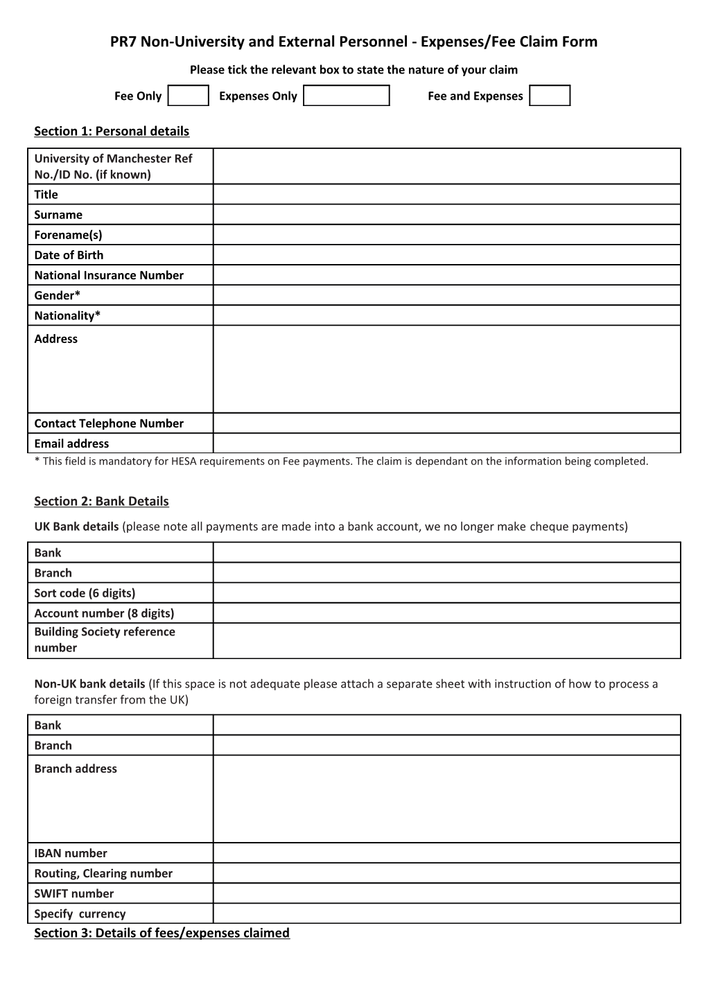 PR7 Non-University and External Personnel - Expenses/Fee Claim Form