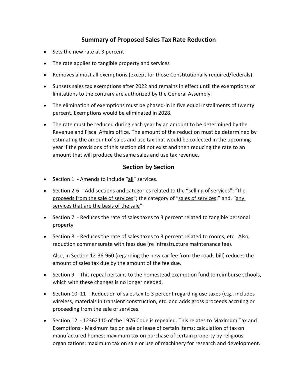 Summary of Proposed Sales Tax Rate Reduction