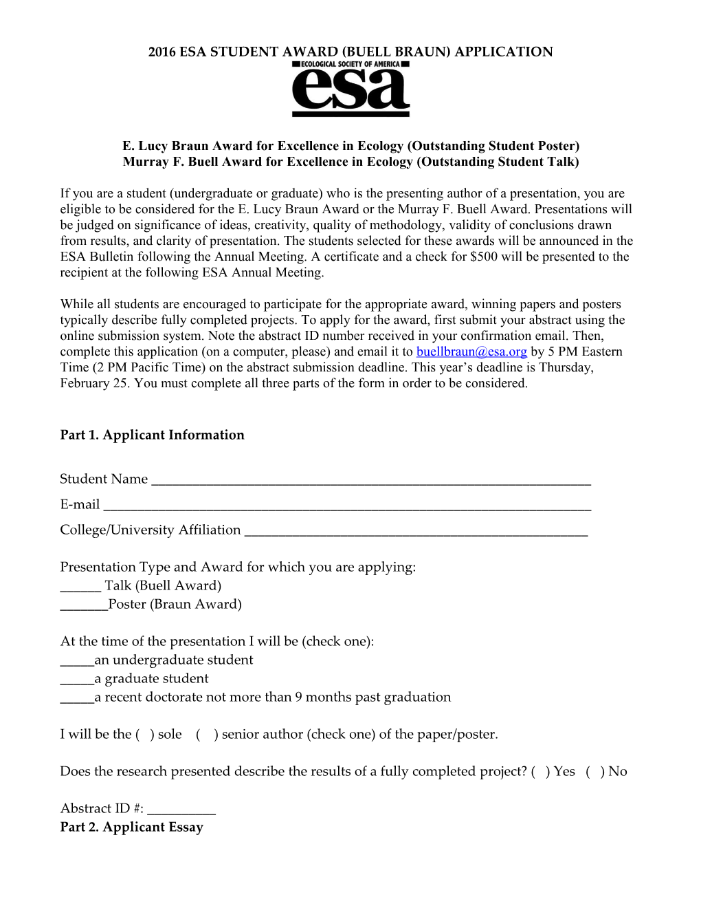 Application Form for an Esa Student Award