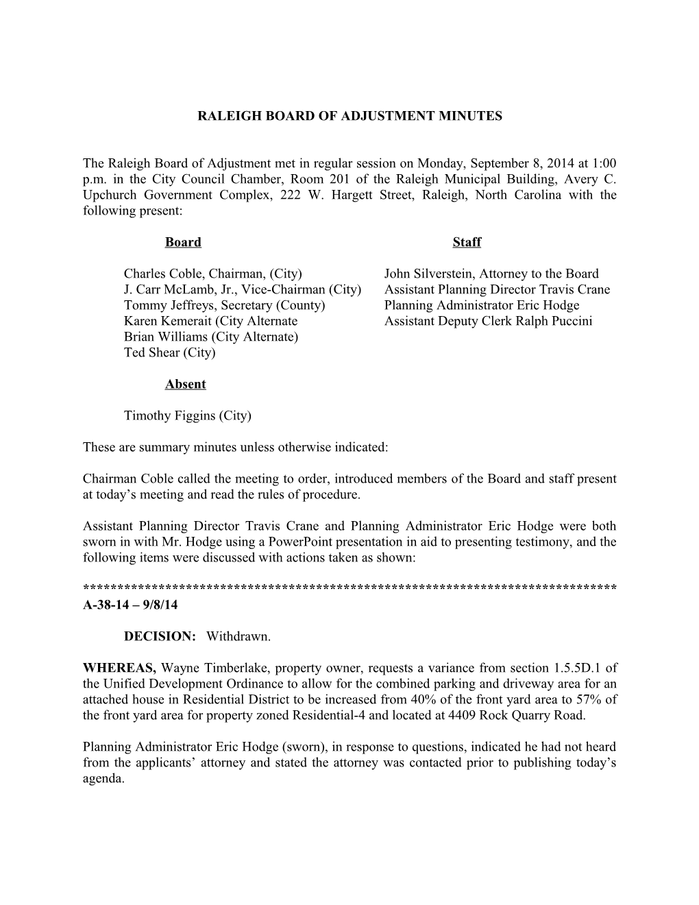 Raleigh Board of Adjustment Minutes - 09/08/2014