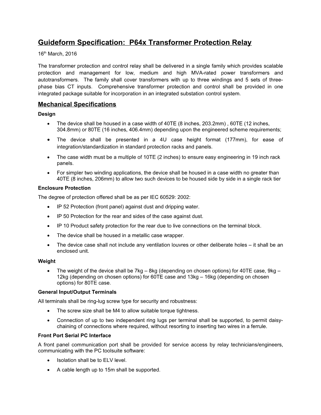 Guideform Specification: P64xtransformer Protection Relay