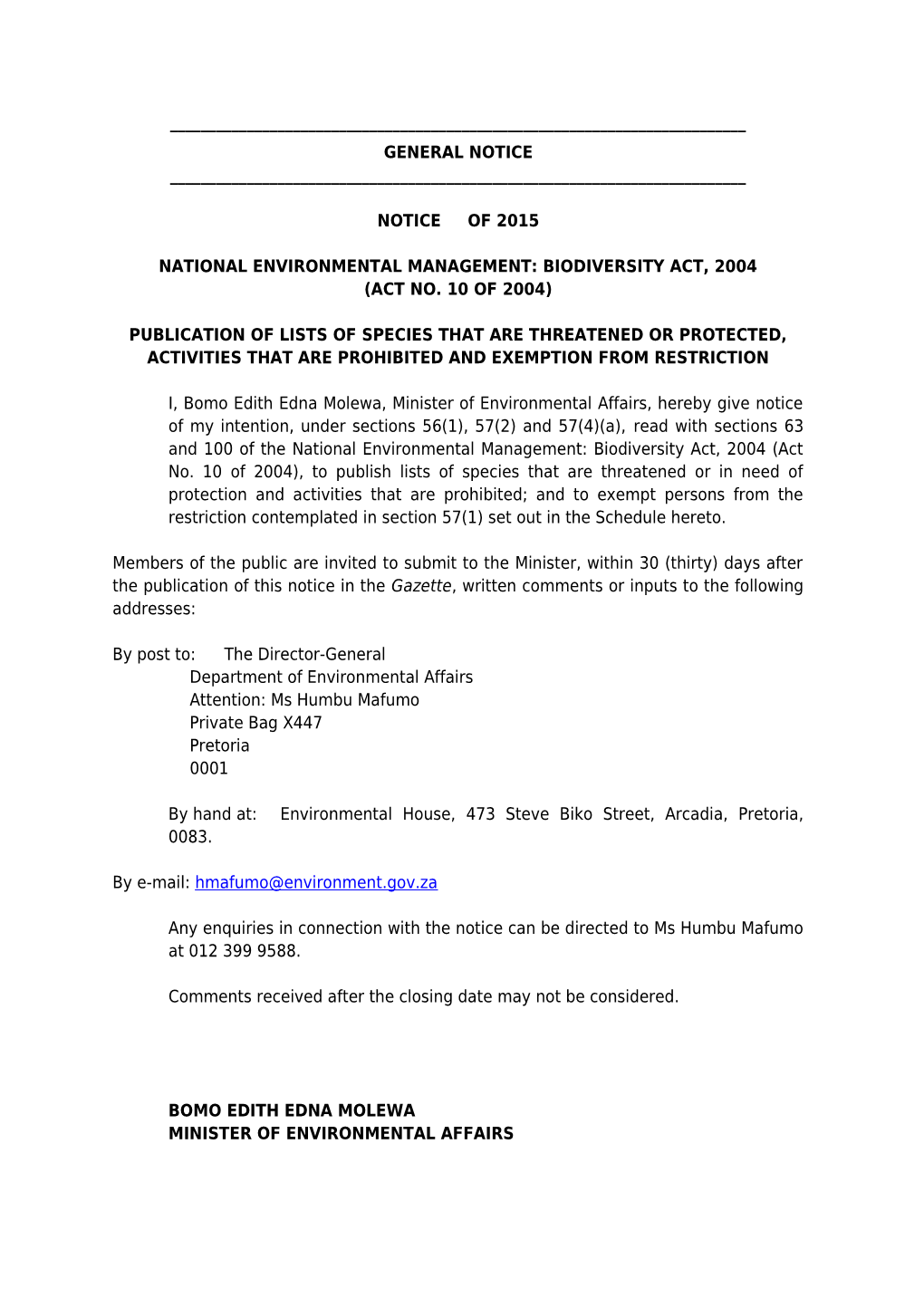 National Environmental Management: Biodiversity Act, 2004