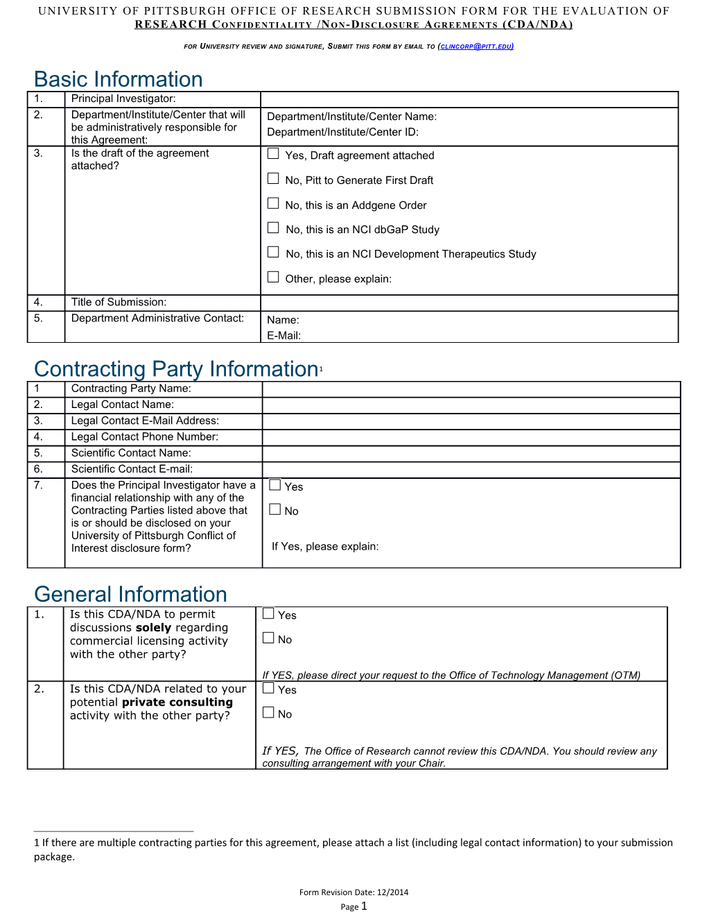 SUBMISSION FORM RESEARCH Confidentiality /Non-Disclosure Agreements (CDA/NDA)