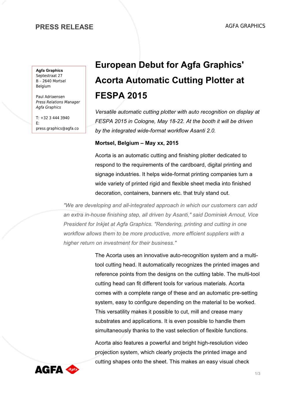 European Debut for Agfa Graphics' Acorta Automatic Cutting Plotter at FESPA 2015