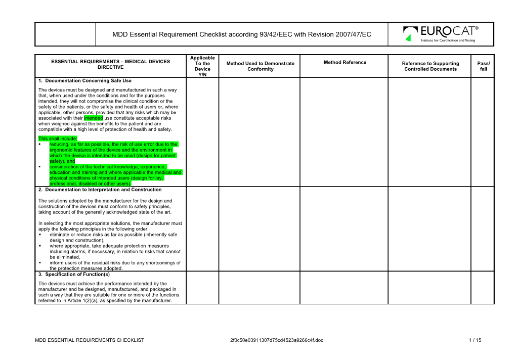 Essential Requirement Medical Devices Directive