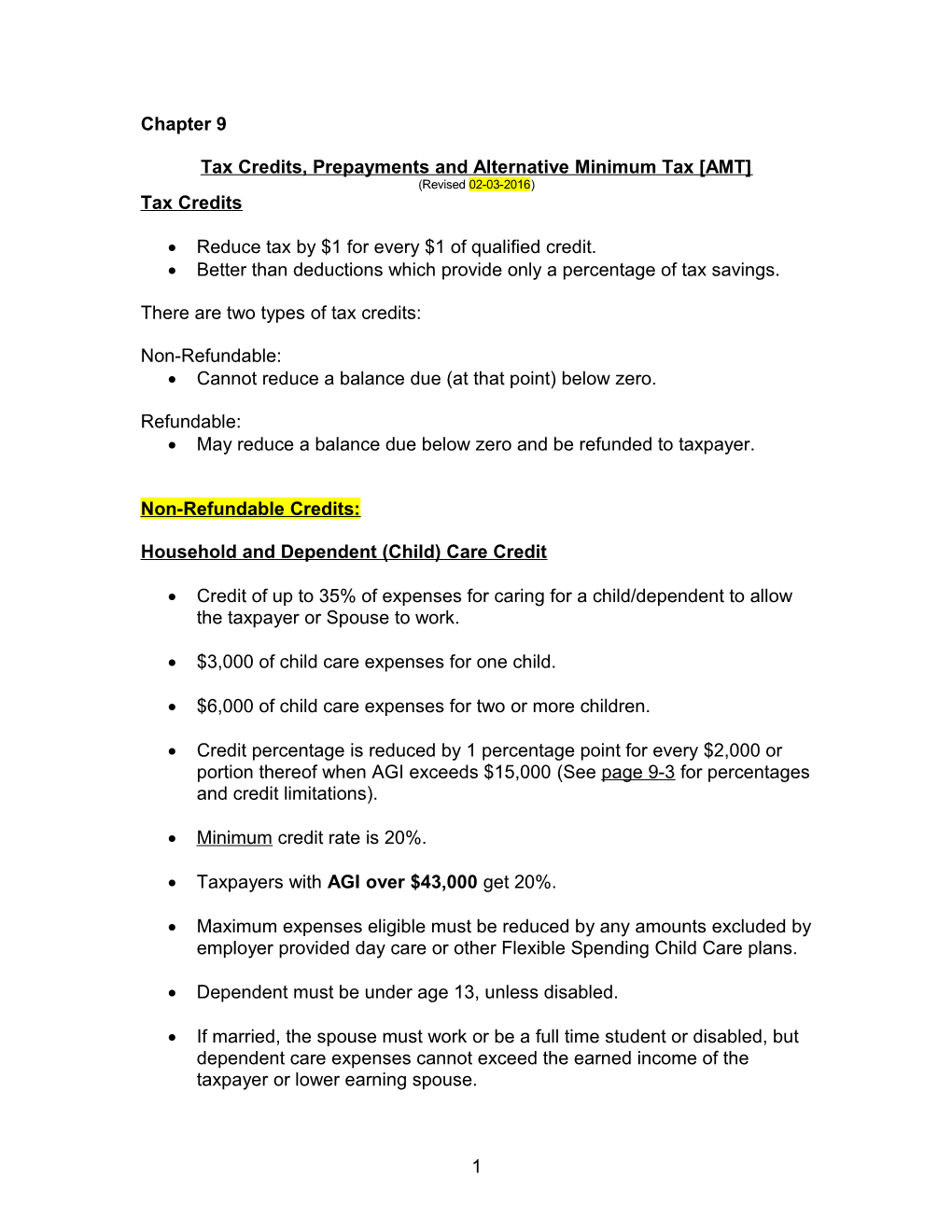 Tax Credits, Prepayments and Alternative Minimum Tax AMT