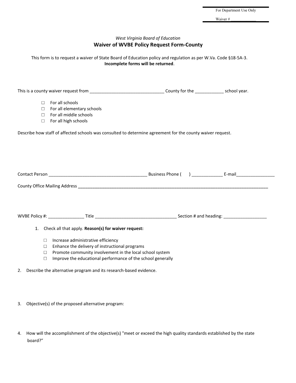 Waiver of WVBE Policy Request Form-County