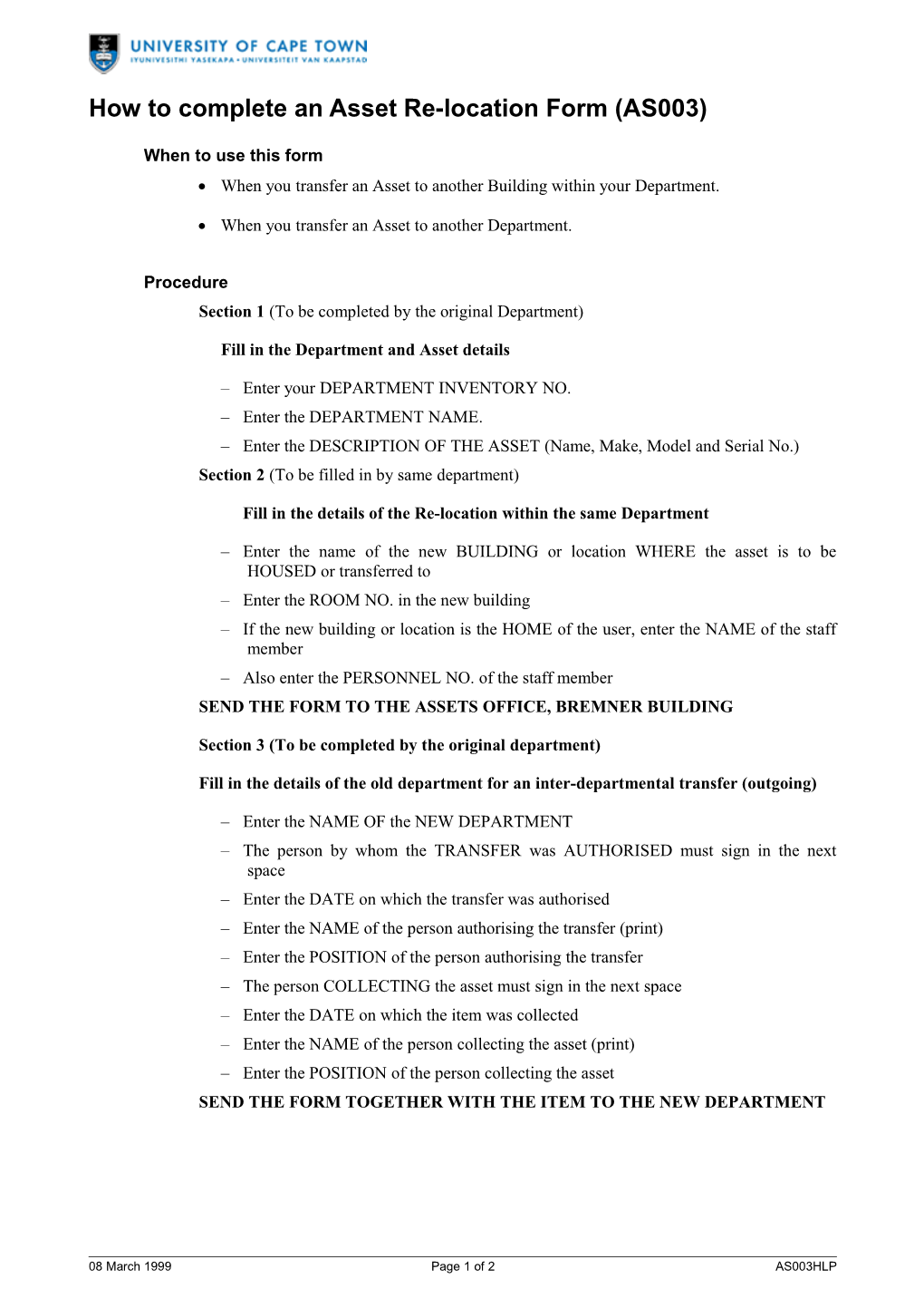 How to Complete an Asset Re-Location Form (AS003)