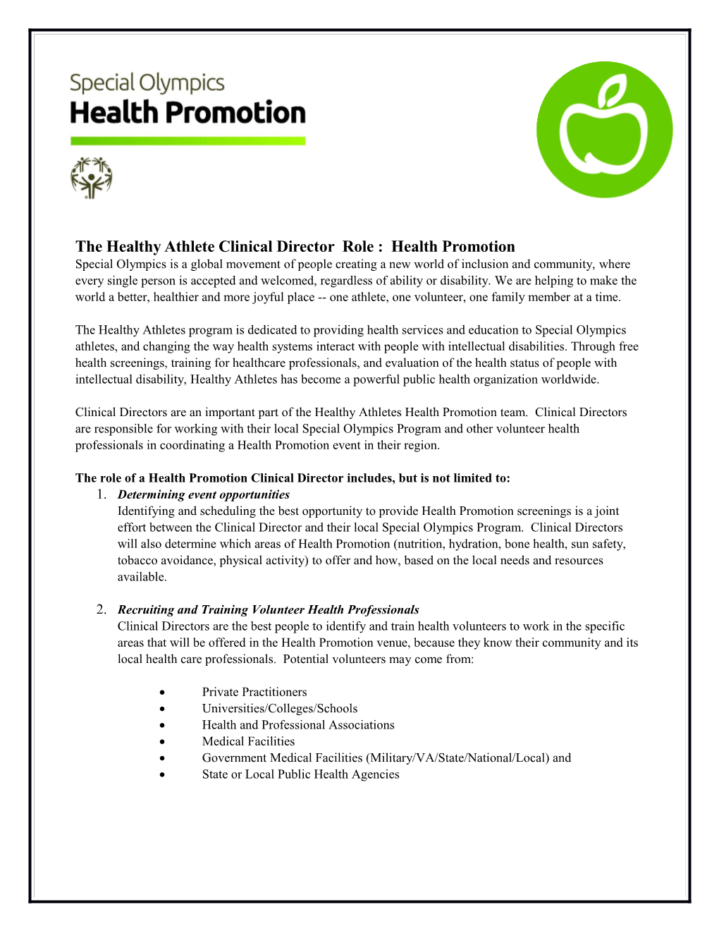The Healthy Athlete Clinical Director Role : Health Promotion