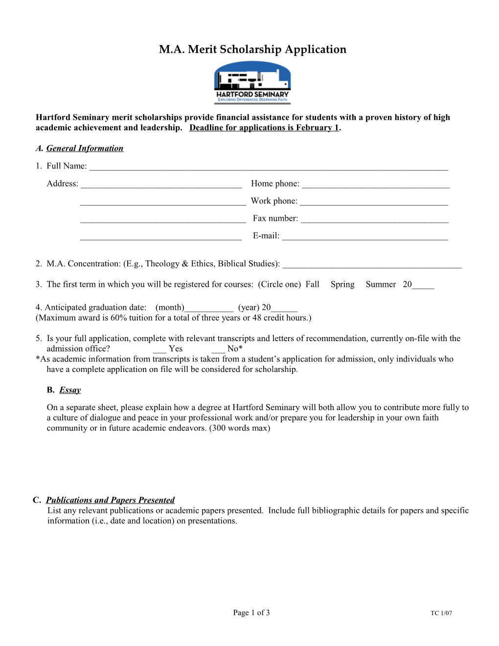 M.A. Merit Scholarship Application