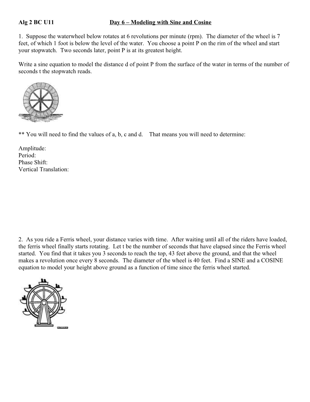 Alg 2 BC U11 Day 6 Modeling with Sine and Cosine