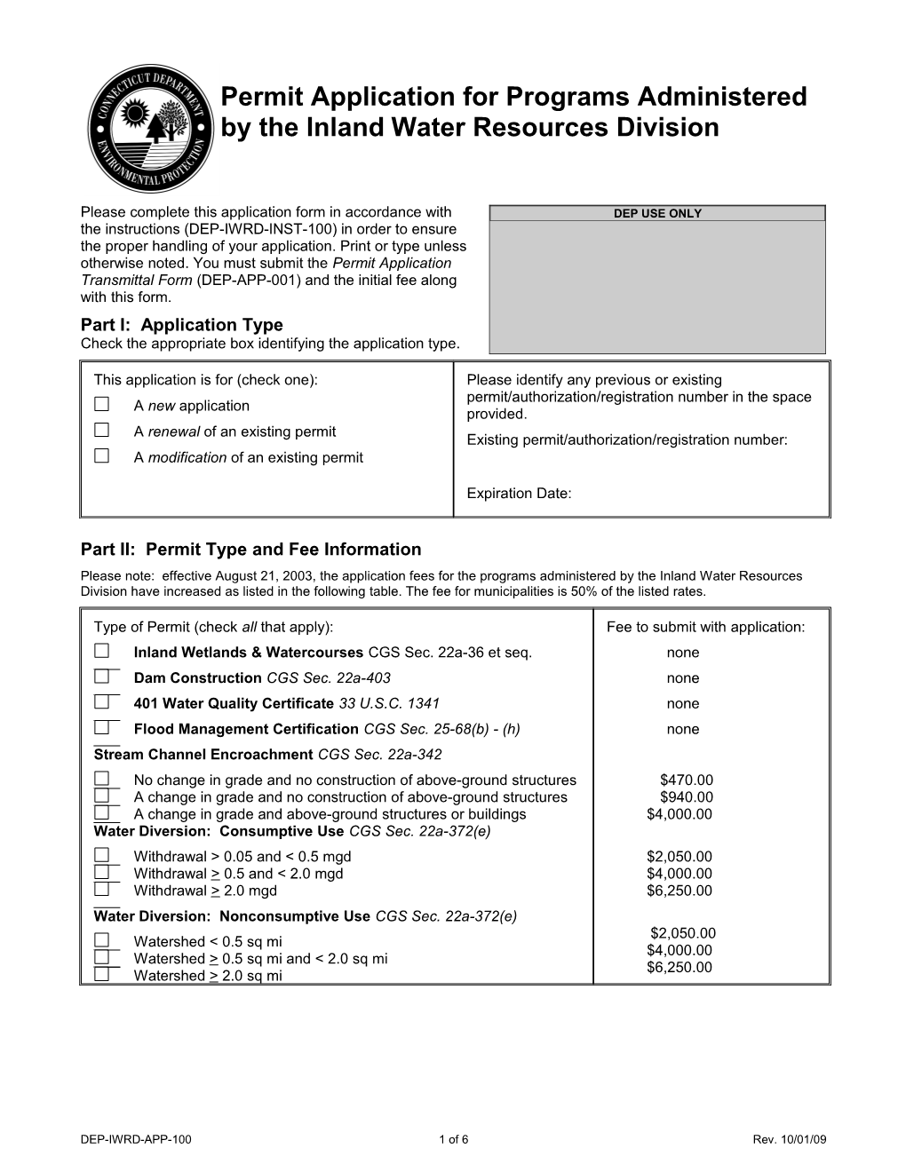 Permit Application for Programs Administered by the Inland Water Resources Division