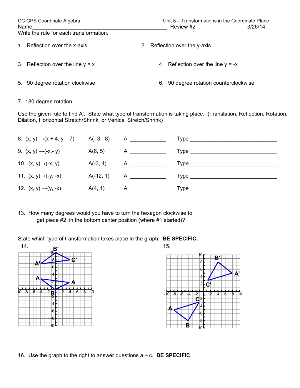 CC GPS Coordinate Algebra Unit 5 Transformations in the Coordinate Plane