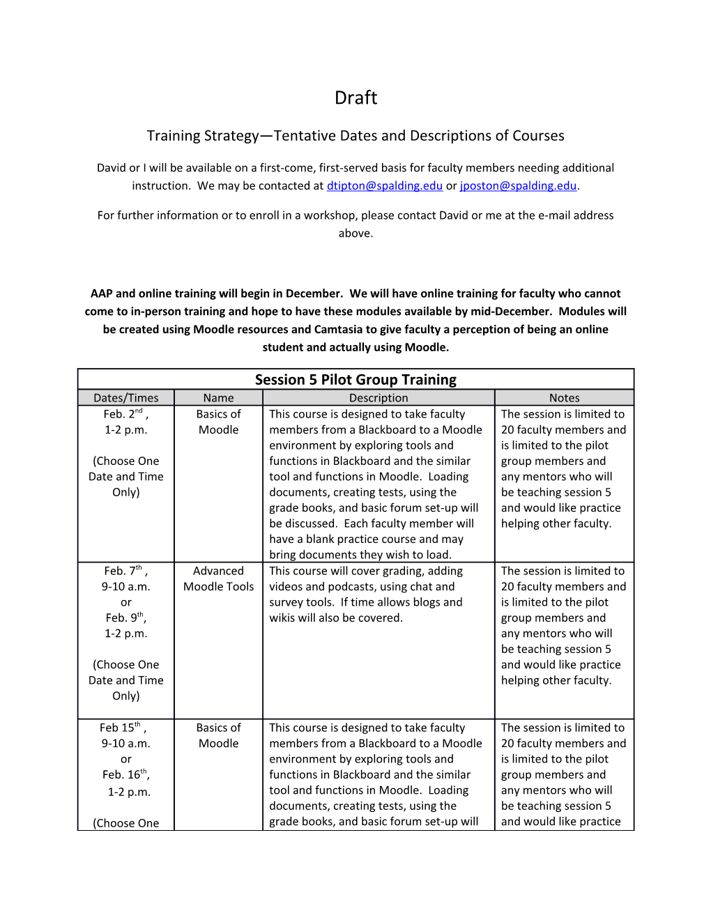 Training Strategy Tentative Dates and Descriptions of Courses