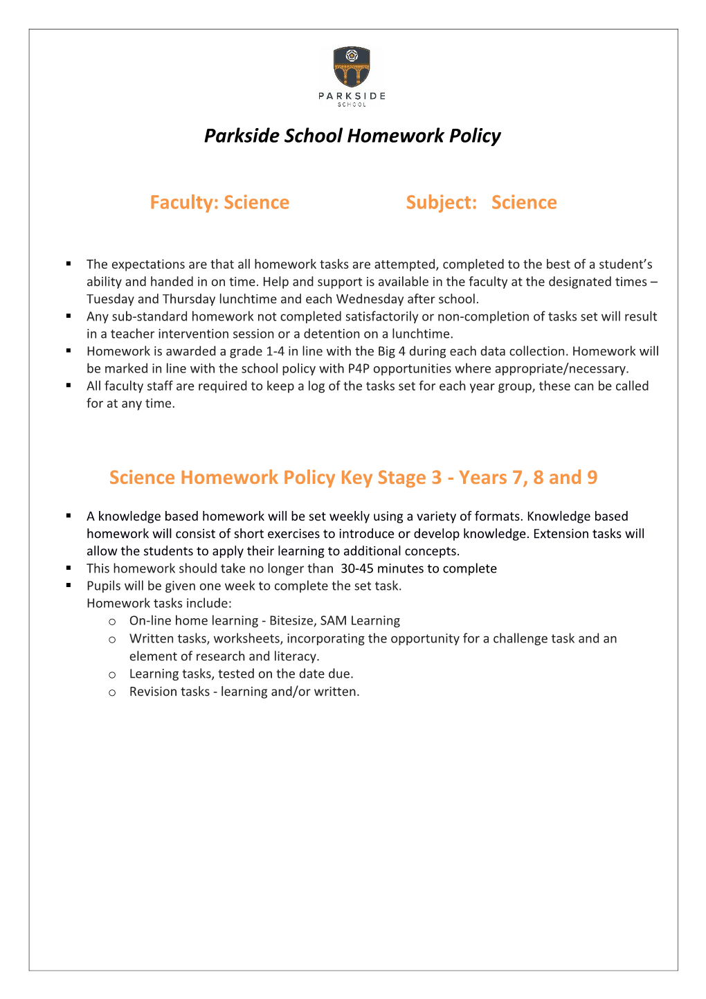 Parkside School Homework Policy