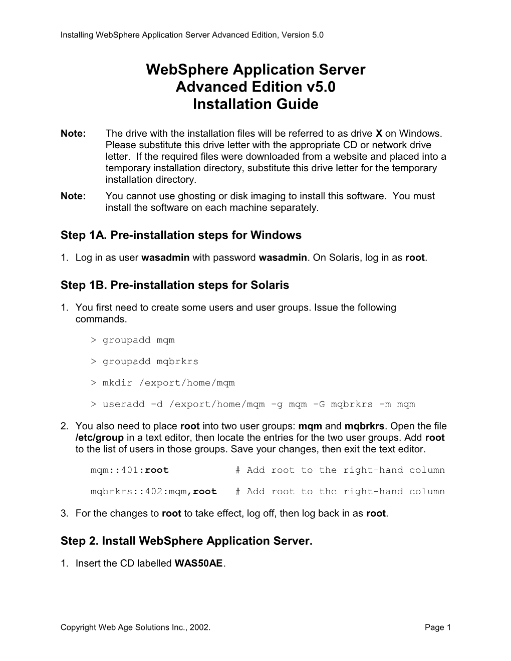 Installing Websphere Application Server Advanced Edition, Version 5.0