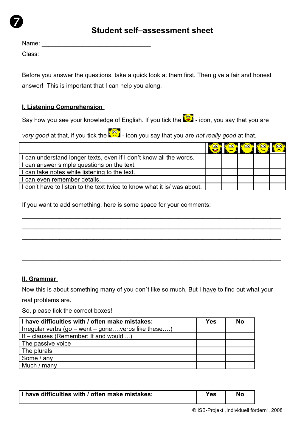 Student Self Assessment Sheet