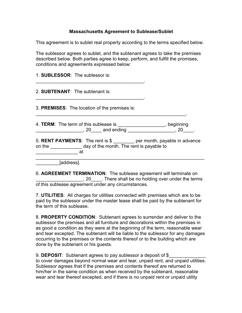 Massachusetts Agreement to Sublease/Sublet