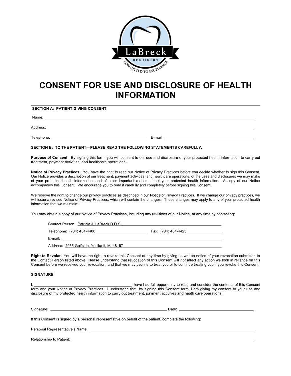 Form 01-Consent for Use and Disclosure of Health Information (01-COSNT;1)