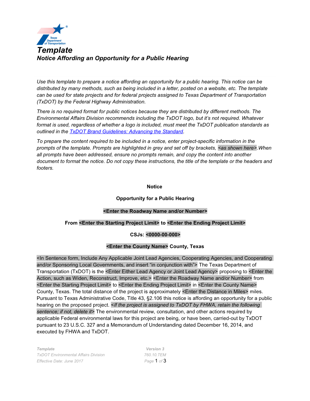 Template: Notice Affording an Opportunity for a Public Hearing