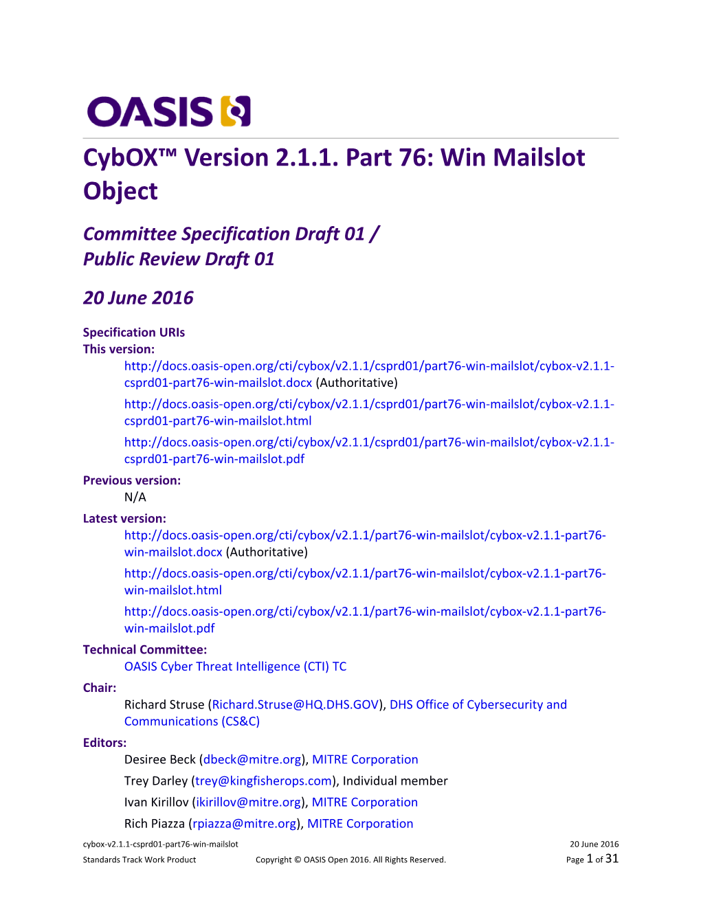 Cybox Version 2.1.1. Part 76: Win Mailslot Object