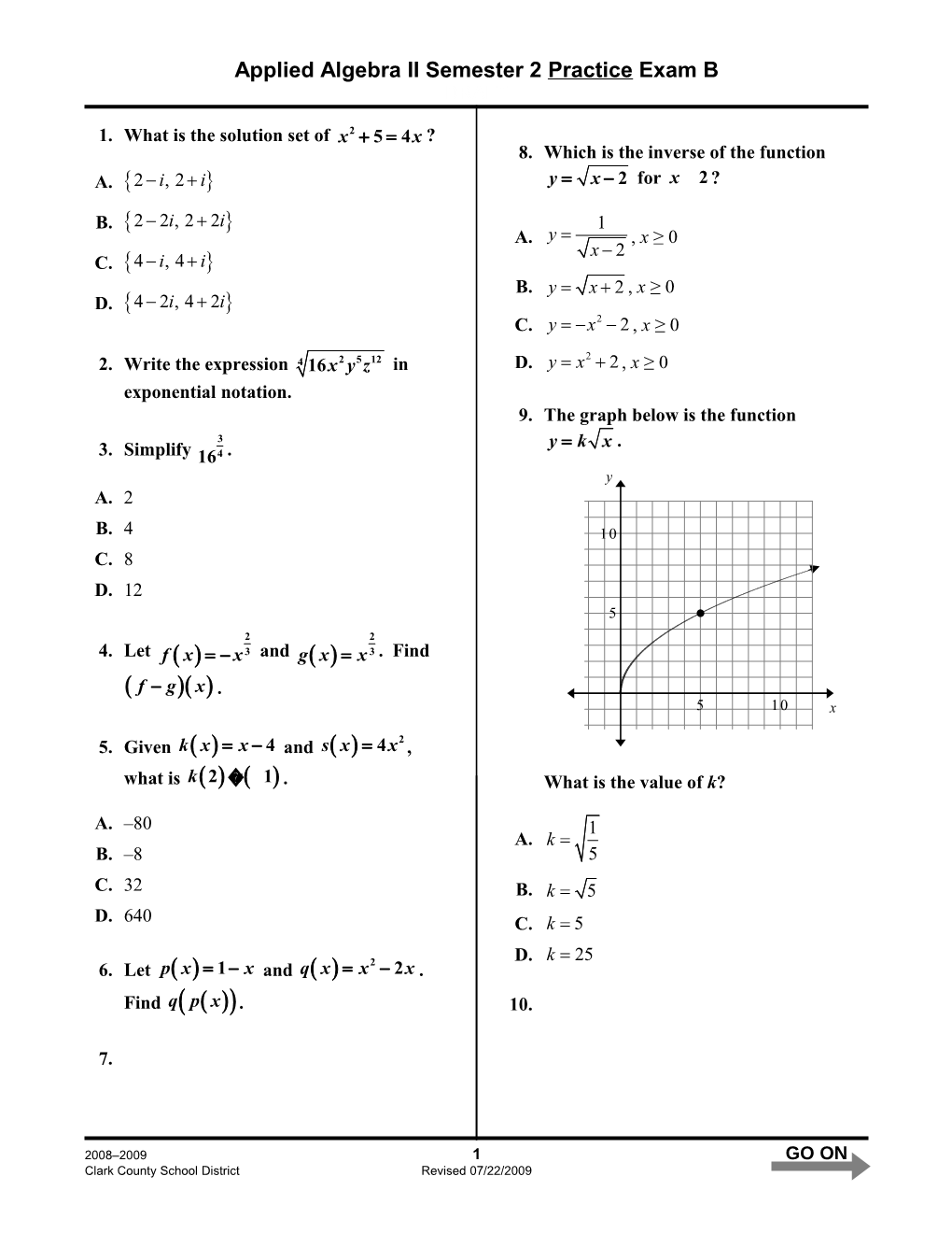 Applied Algebra II Semester 2 Practice Exam B