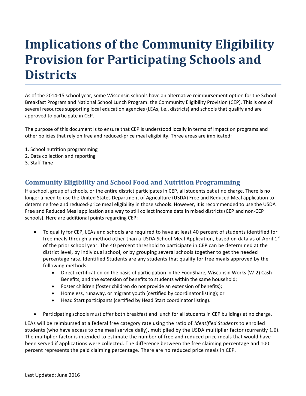 Implications of the Community Eligibility Provision for Participating Schools and Districts