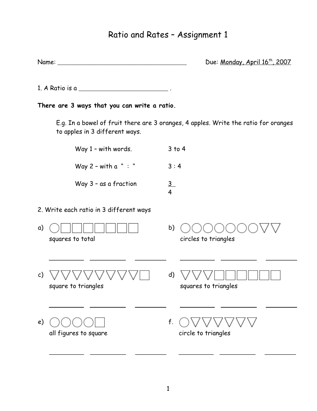 Ratio and Rates Assignment 1