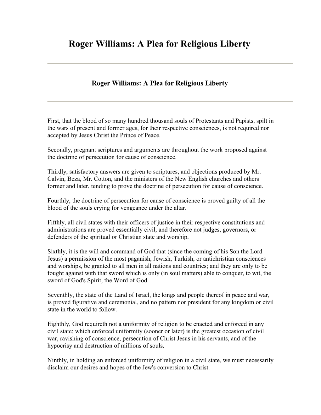 Roger Williams: a Plea for Religious Liberty