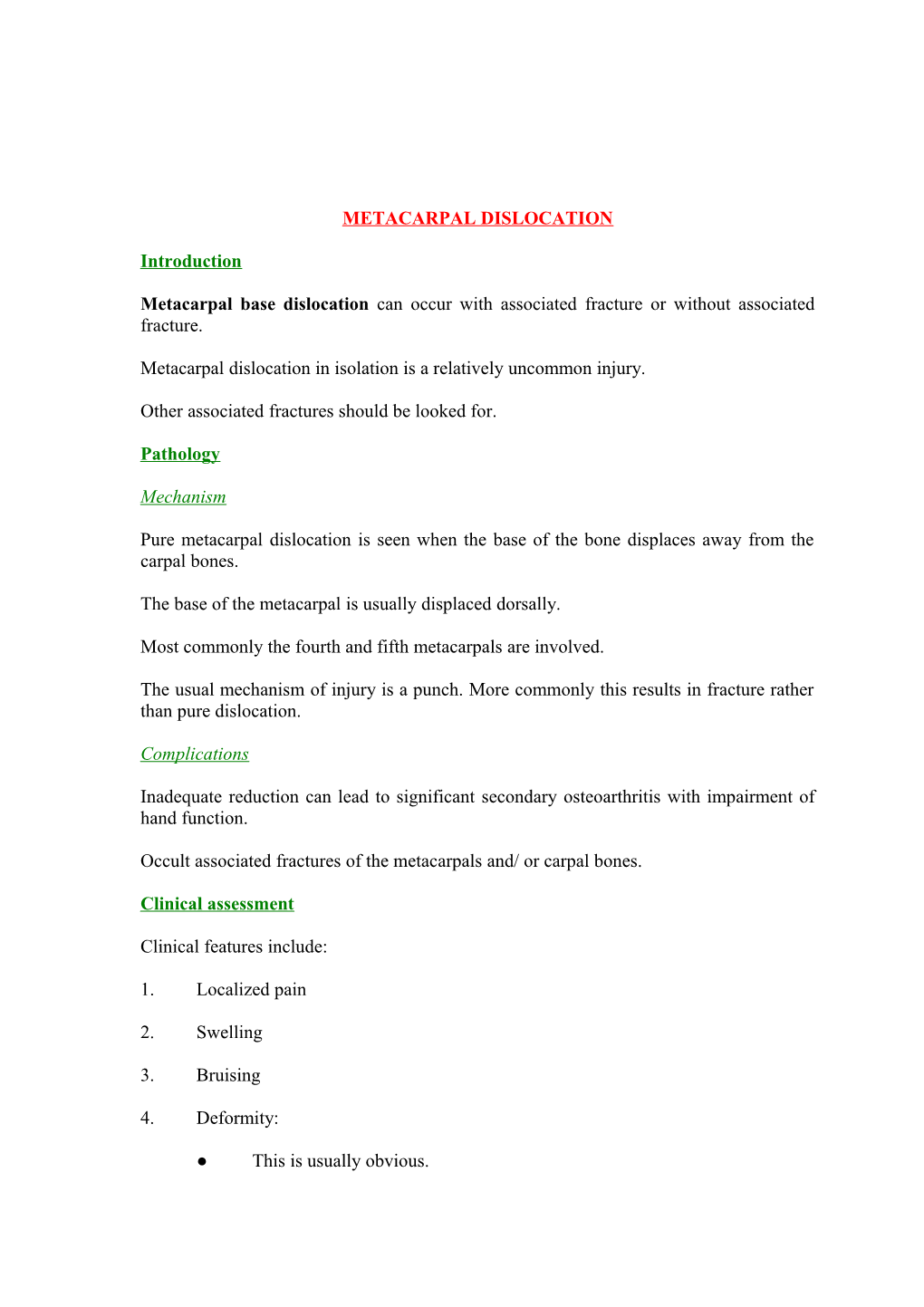 Metacarpal Dislocation