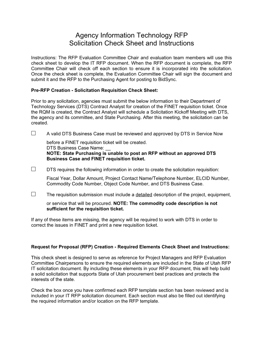 Pre-RFP Creation - Solicitation Requisition Check Sheet