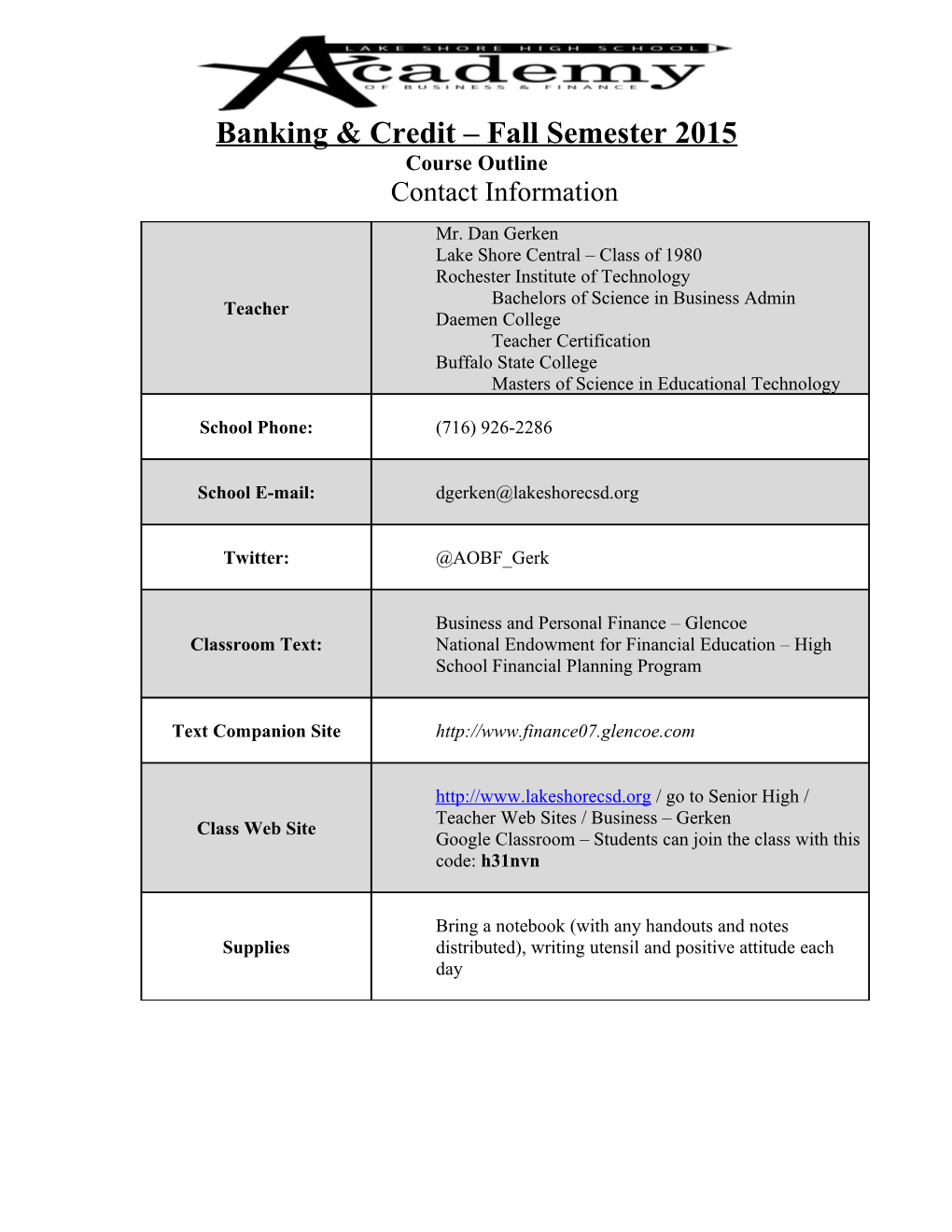 Banking & Credit Spring Semester 2012