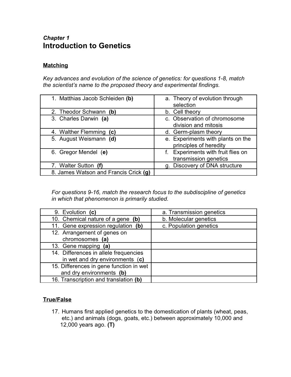 Pierce Genetics Testbank Questions: Chapter 1
