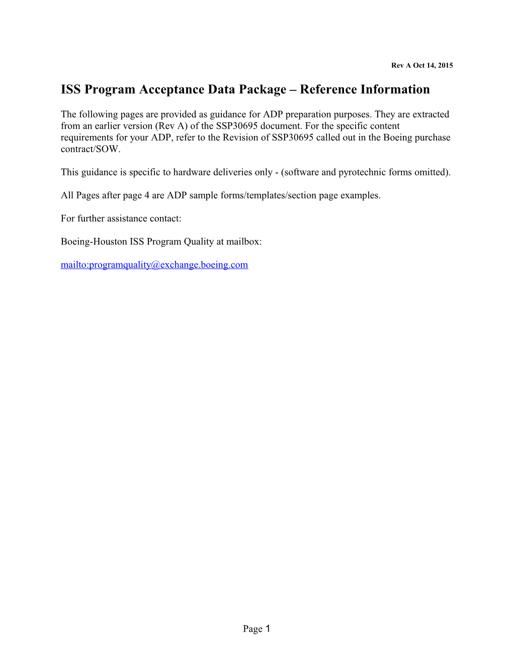 ISS Program Acceptance Data Package Reference Information