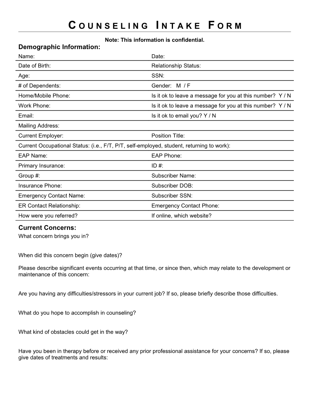 Counseling Intake Form