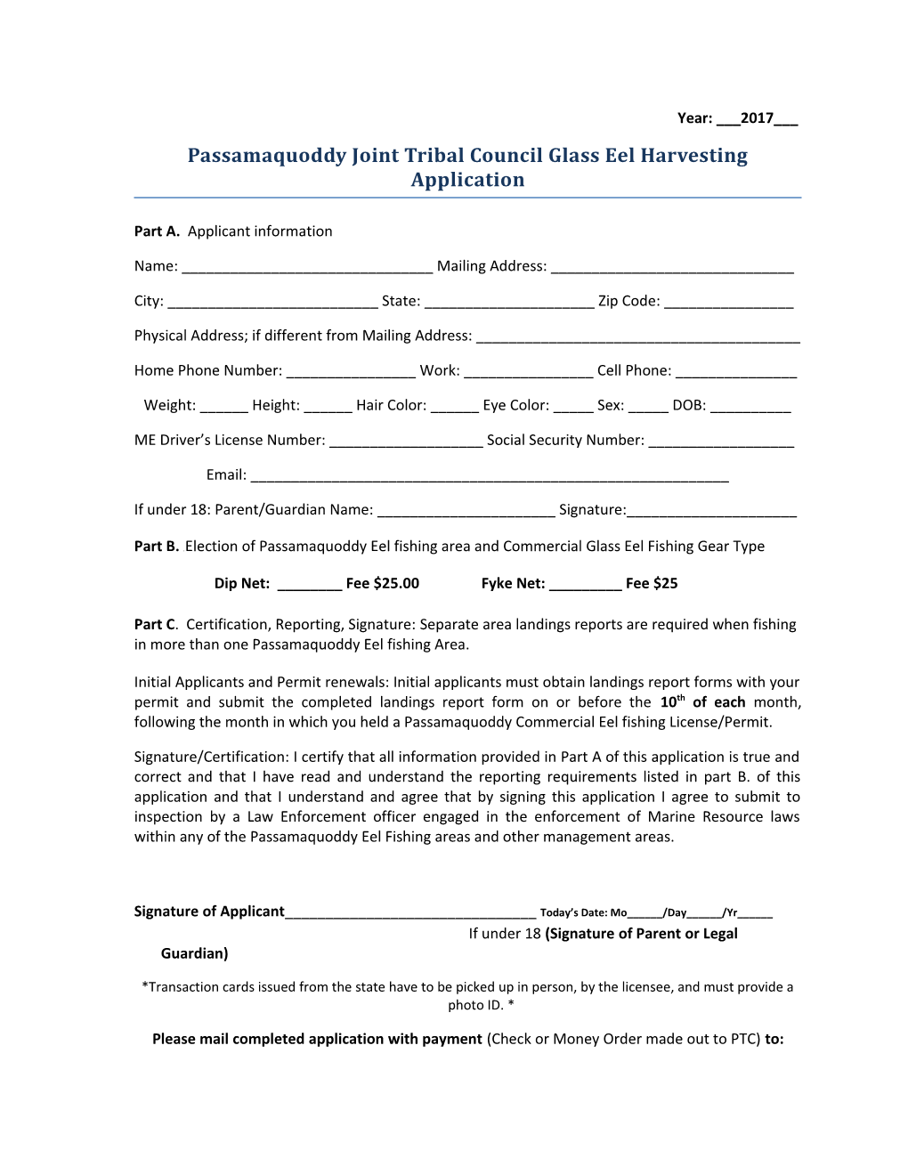 Passamaquoddy Joint Tribal Council Glass Eel Harvesting Application
