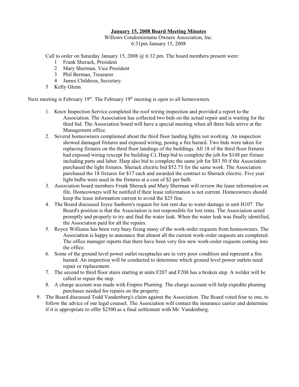 January 15, 2008 Board Meeting Minutes