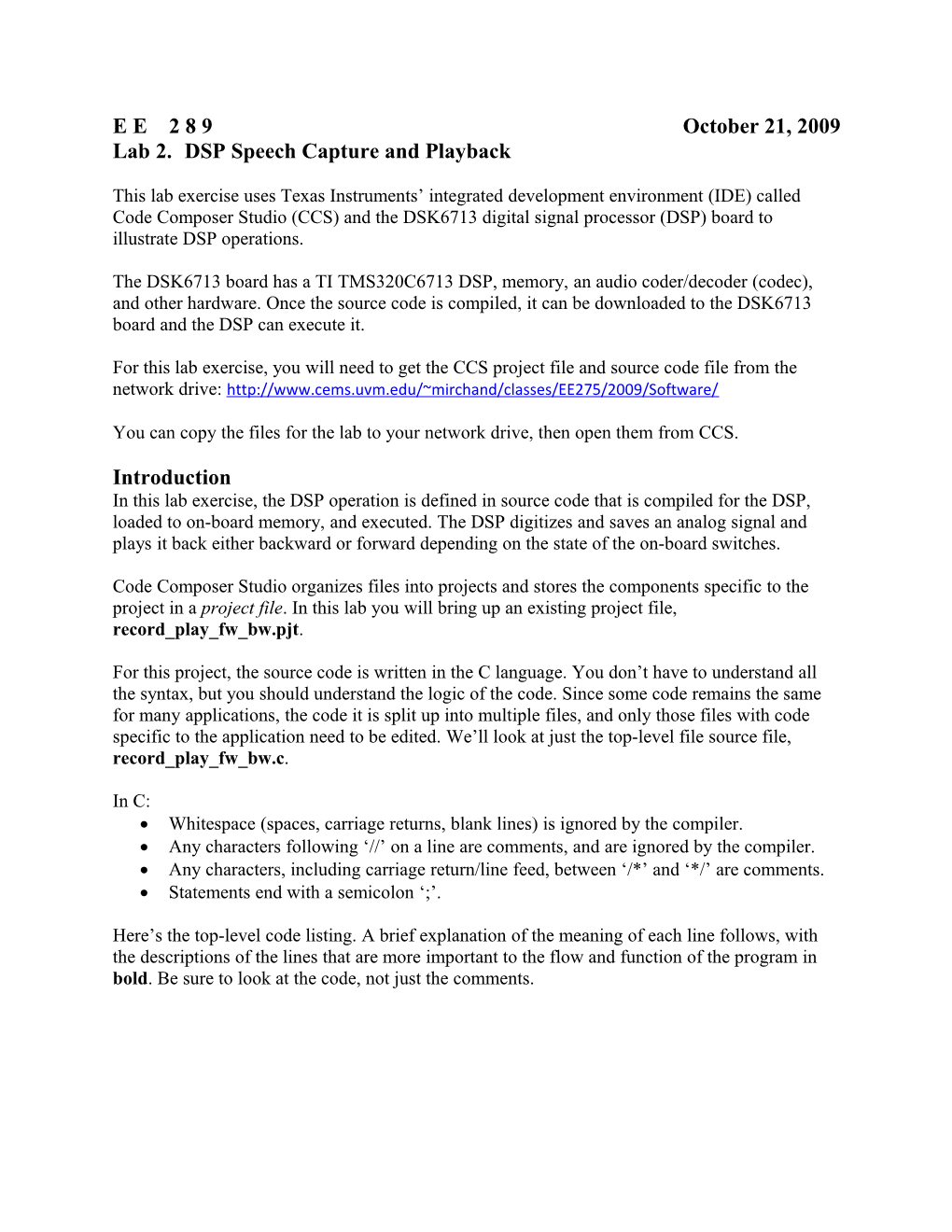 Lab 2. DSP Speech Capture and Playback