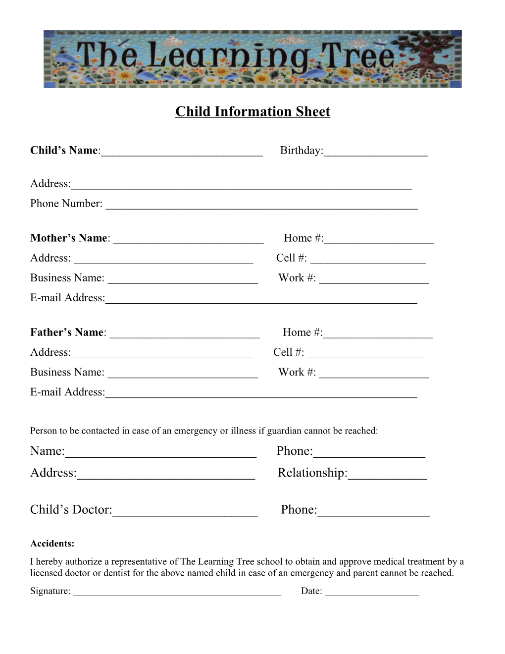 Child Information Sheet