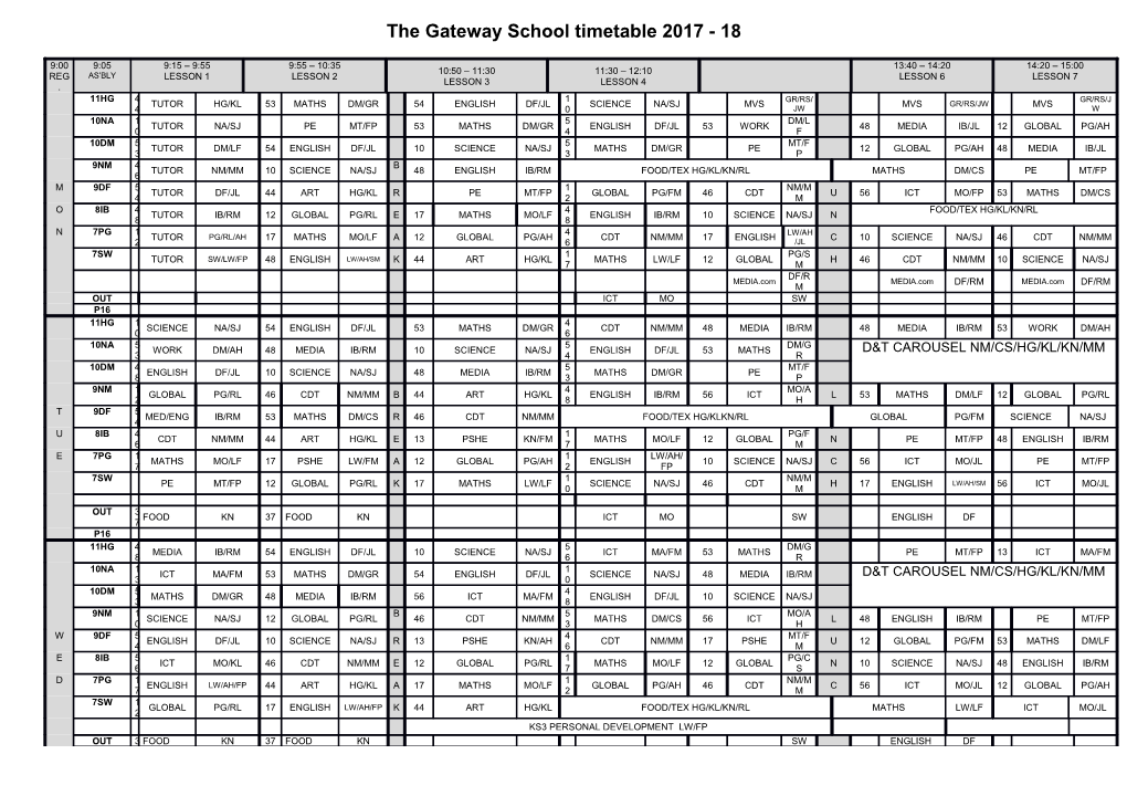 The Gateway School Timetable 2017 - 18