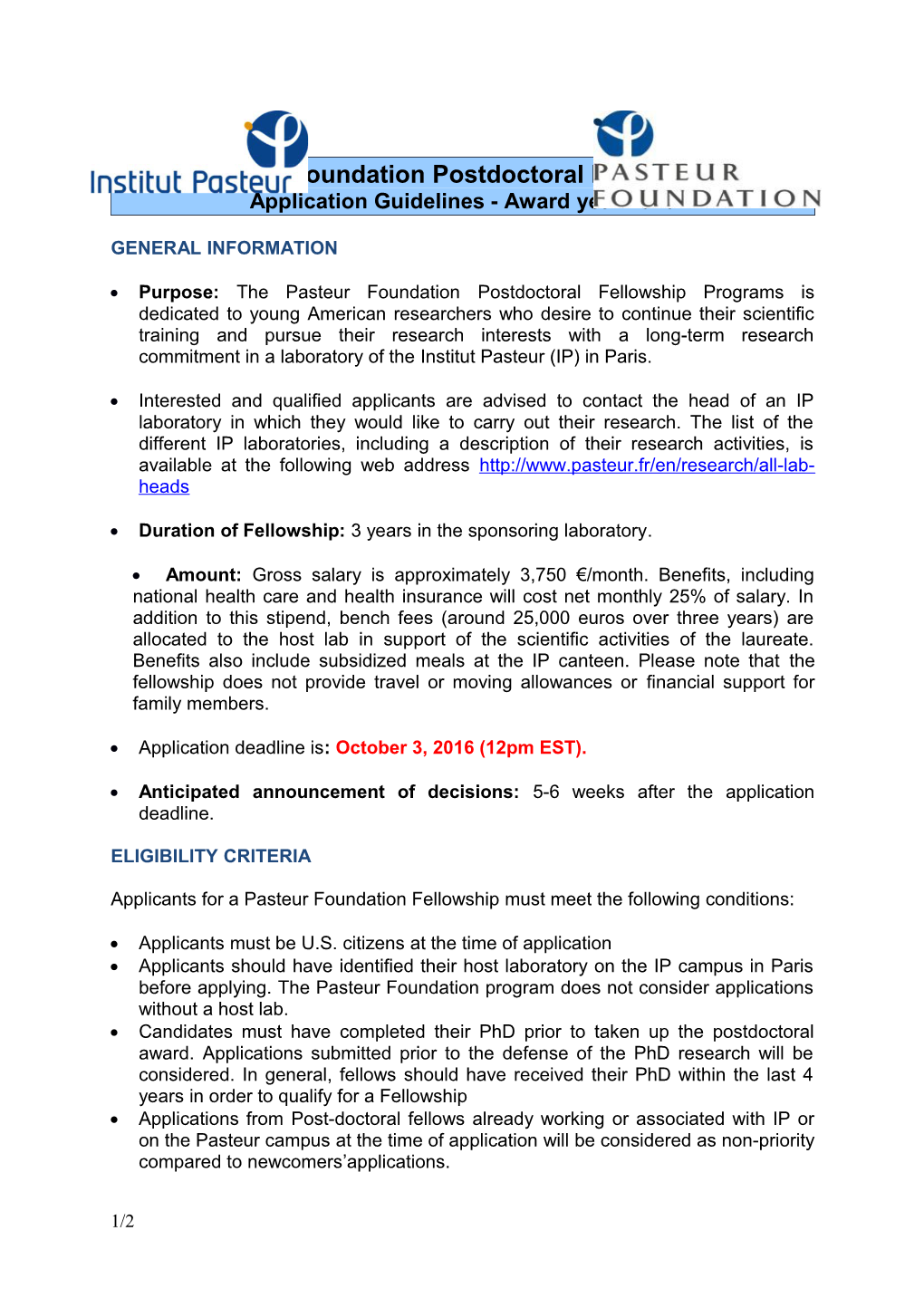 Pasteur Foundation Postdoctoral Fellowships